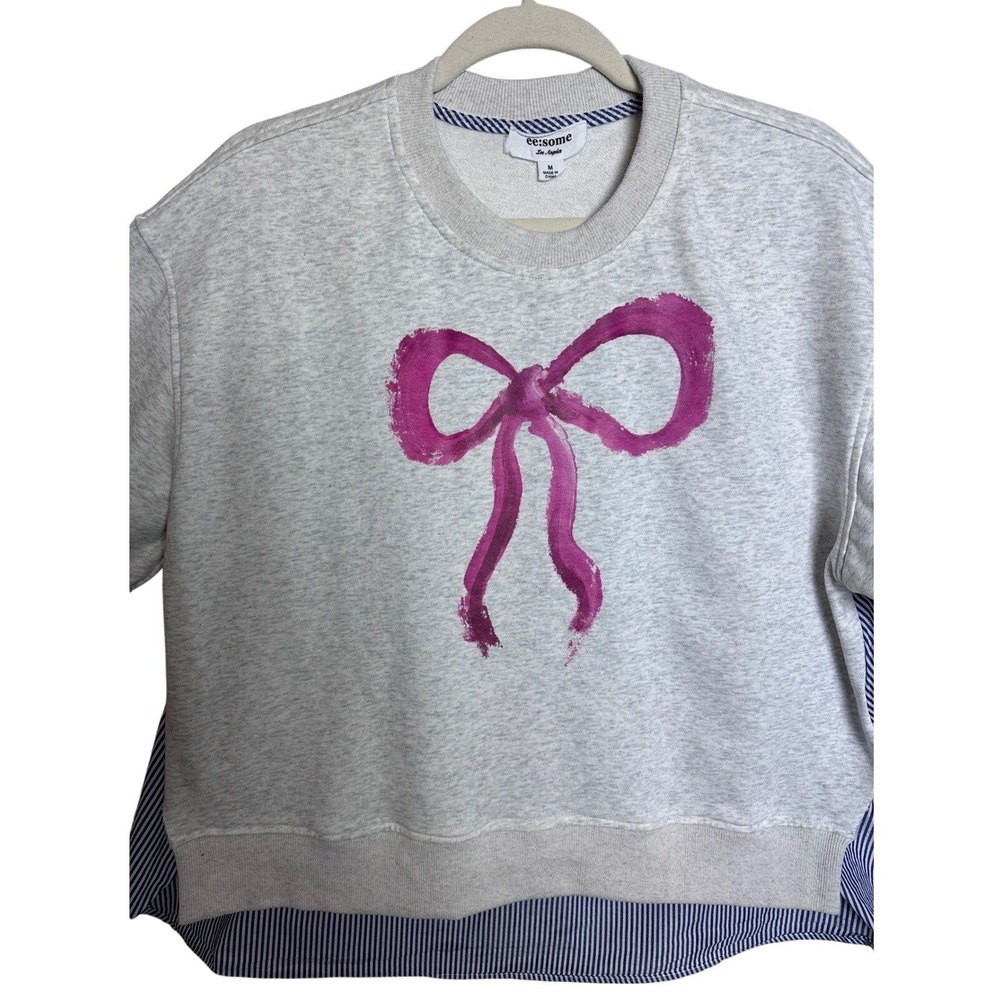 ee some Womens Gray Crew Neck Sweatshirt‎ Pink Bow and Striped Shirt Trim Size M - Picture 3 of 9